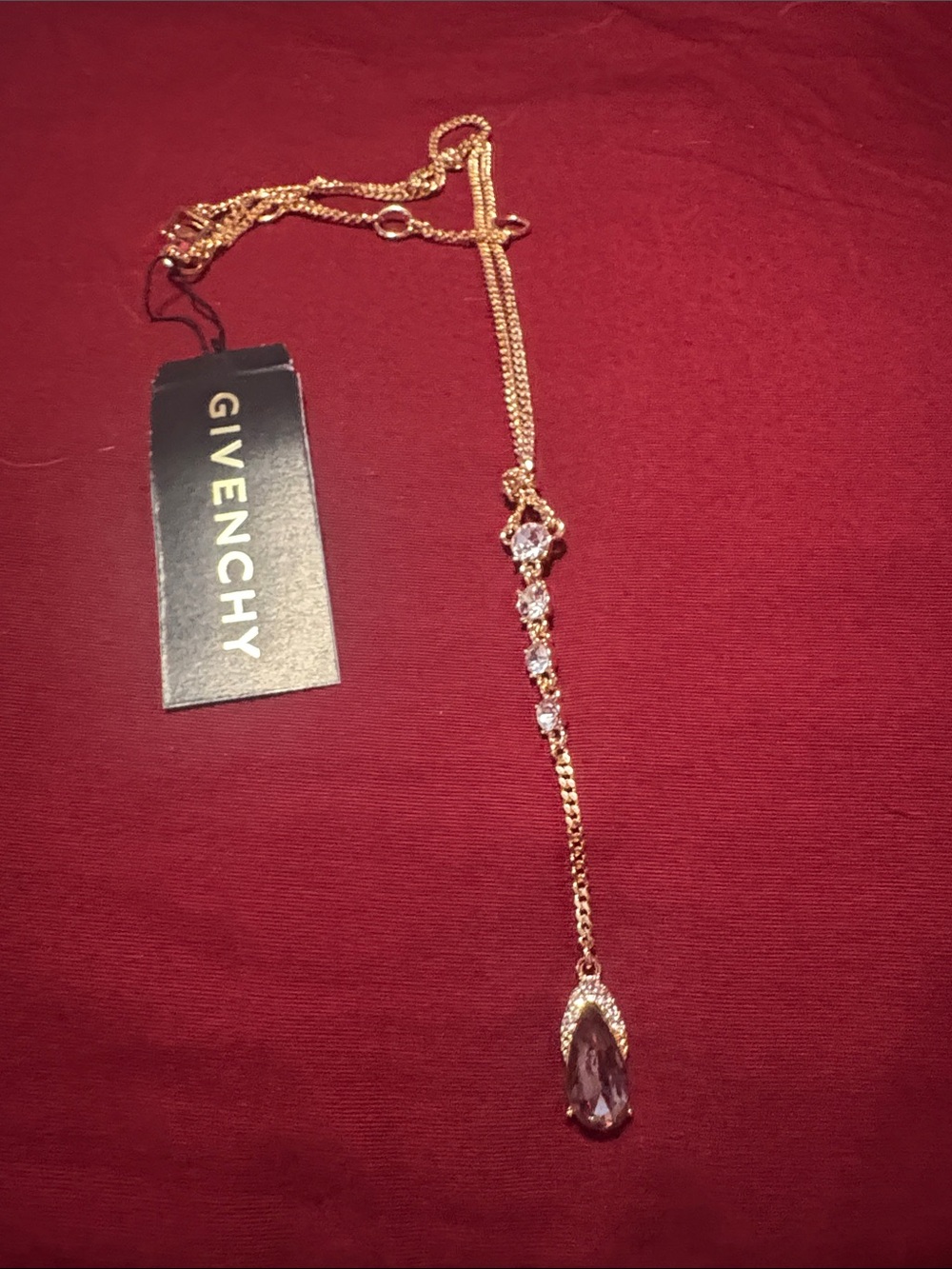 Givenchy Gold Teardrop Pendant Necklace with Clear Stones